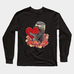 Otter and sweet red heart, adorable animals Long Sleeve T-Shirt